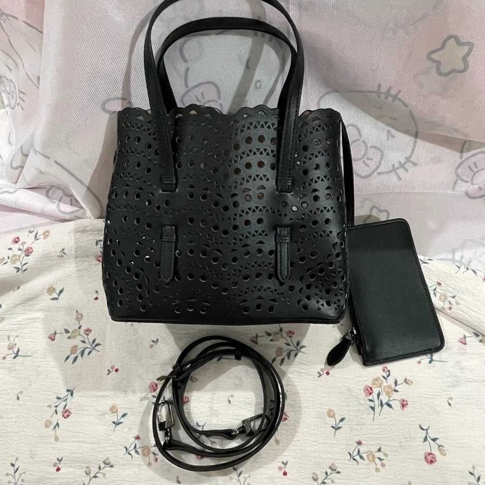 Alaia Black Laser-Cut Tote with Detachable Strap and Pouch